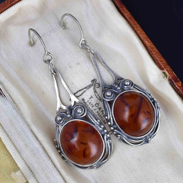 Arts and Crafts Style Silver Scroll Natural Amber Drop Earrings - Boylerpf