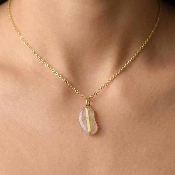 Vintage Rutilated Quartz 9K Gold Lucky Bean Necklace