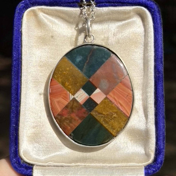 Antique Large Mosaic Scottish Agate Sterling Silver Pendant Necklace