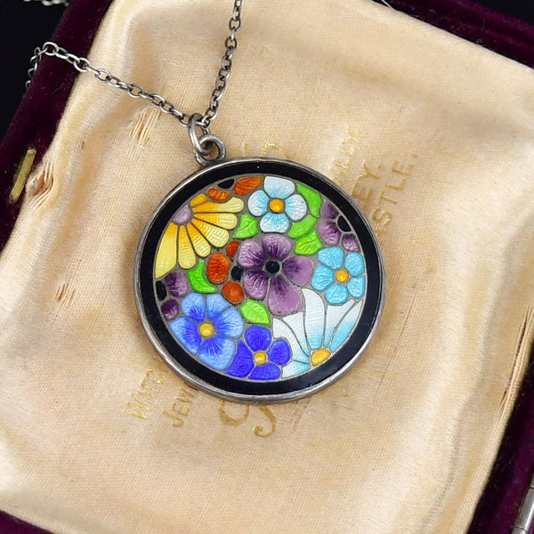 Vintage Arts & Crafts Silver Enamel Flower Necklace