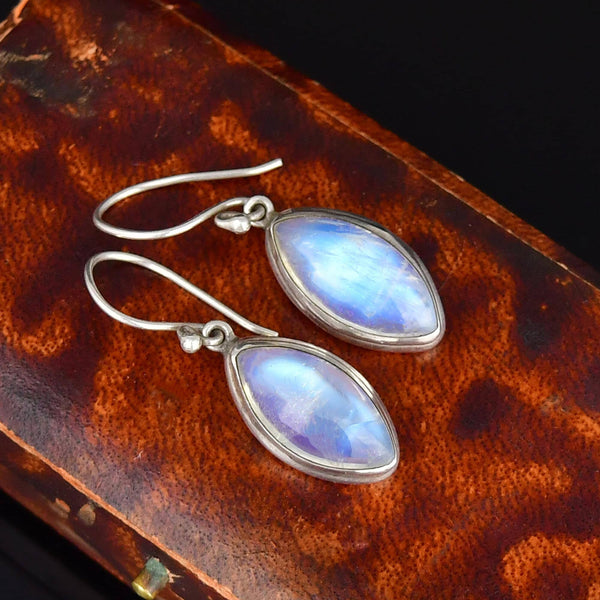 Vintage Art Deco Style Silver Moonstone Drop Earrings - Boylerpf