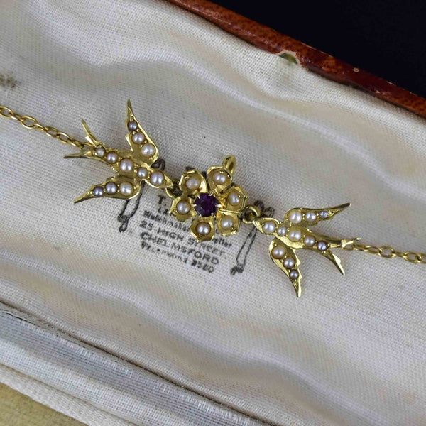 14K Gold Edwardian Amethyst Seed Pearl Swallow Bird Necklace - Boylerpf