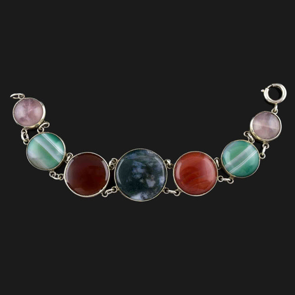 Vintage Silver Scottish Moss Agate Amethyst Banded Agate Bracelet - Boylerpf