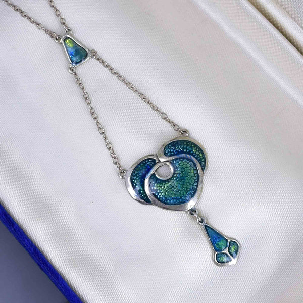 Vintage Art Nouveau Style Silver Enamel Drop Pendant Necklace - Boylerpf