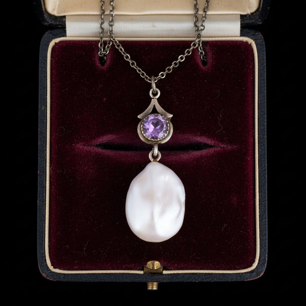 Antique Sterling Silver Amethyst Baroque Pearl Necklace