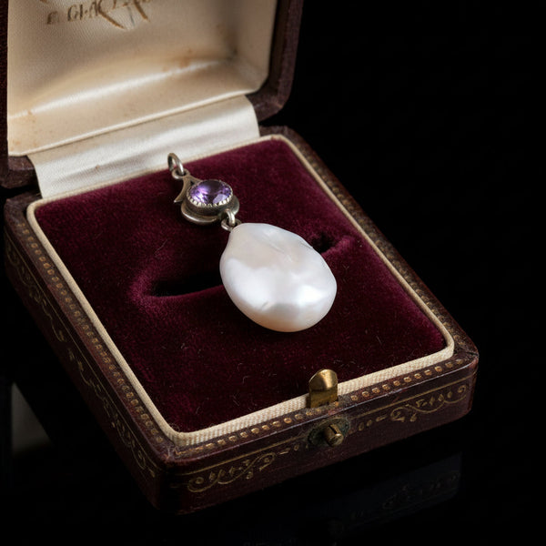 Antique Sterling Silver Amethyst Baroque Pearl Necklace