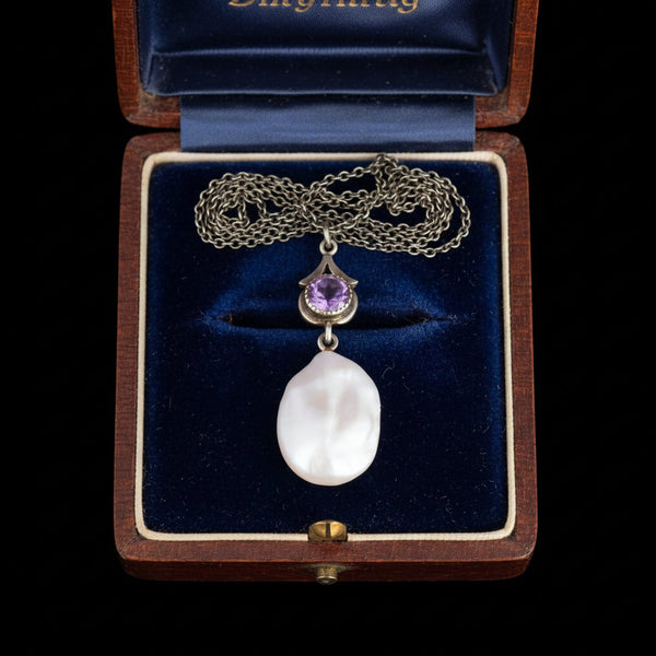 Antique Sterling Silver Amethyst Baroque Pearl Necklace