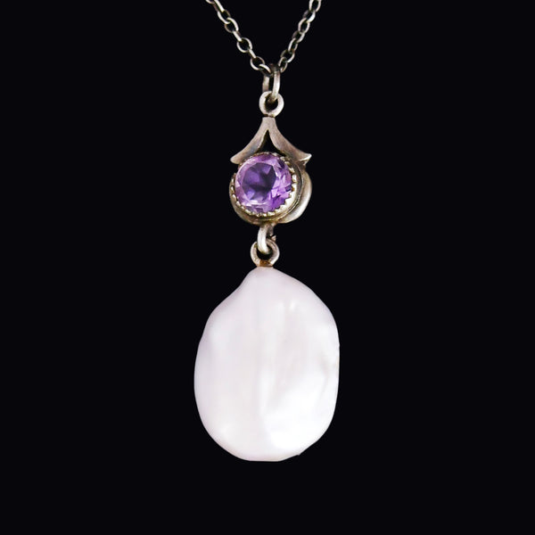 Antique Sterling Silver Amethyst Baroque Pearl Necklace