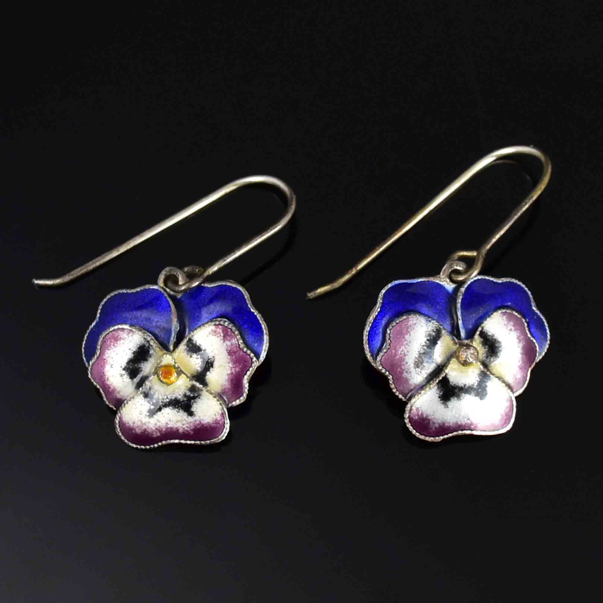 Vintage Art Nouveau Style Enamel Pansy Drop Earrings Boylerpf