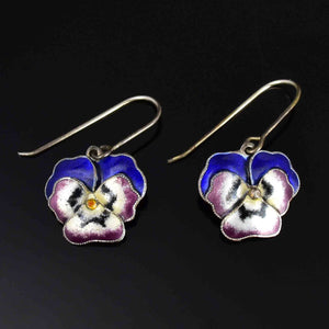 Vintage Art Nouveau Style Enamel Pansy Drop Earrings - Boylerpf