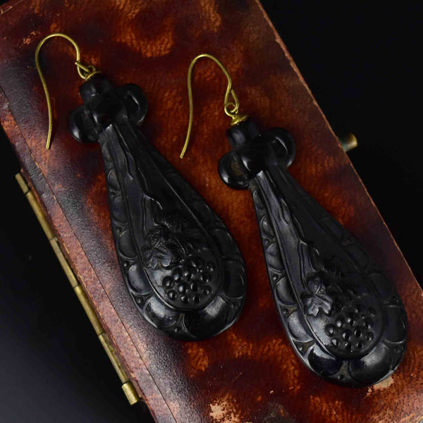 Antique Victorian Grapevine Carved Whitby Jet Drop Earrings - Boylerpf