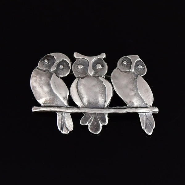 Vintage Three Wise Owls Sterling Silver Brooch