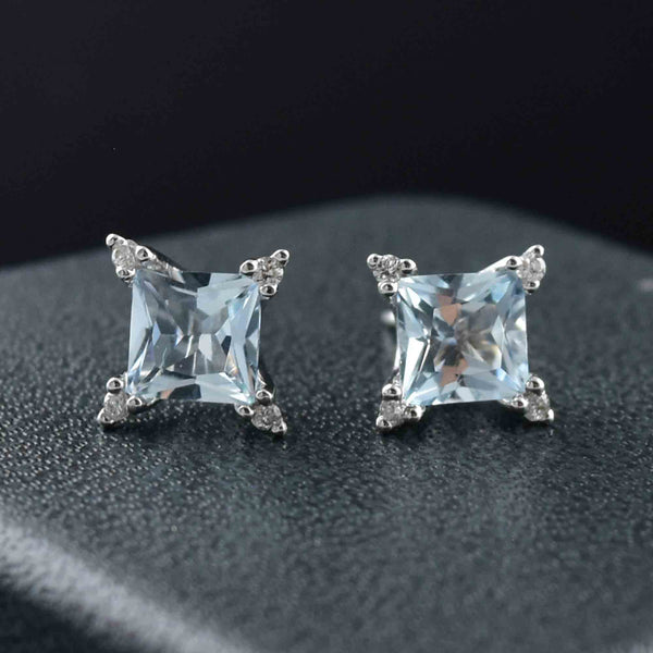 14K White Gold Diamond Princess Cut Aquamarine Stud Earrings - Boylerpf