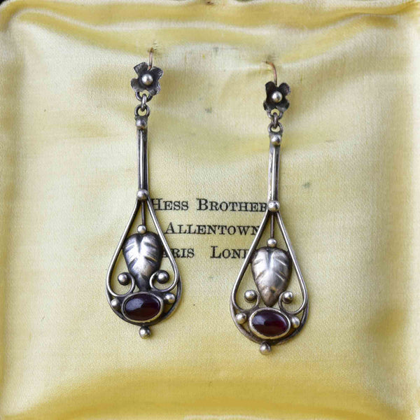 Vintage Arts and Crafts Silver Garnet Cabochon Earrings - Boylerpf