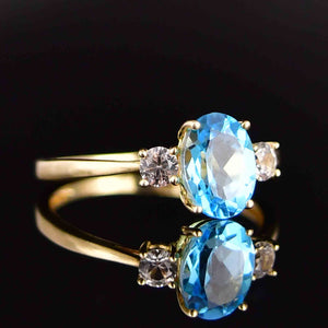 Vintage 10K Gold Blue Topaz White Sapphire Three Stone Ring - Boylerpf