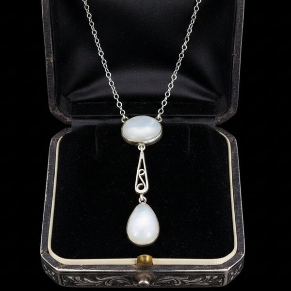 Vintage Art Deco Moonstone Sterling Silver Necklace - Boylerpf