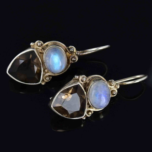 Silver Moonstone Cabochon Smoky Quartz Drop Earrings - Boylerpf