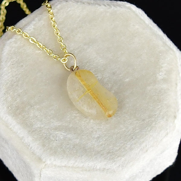 Vintage Rutilated Quartz 9K Gold Lucky Bean Necklace