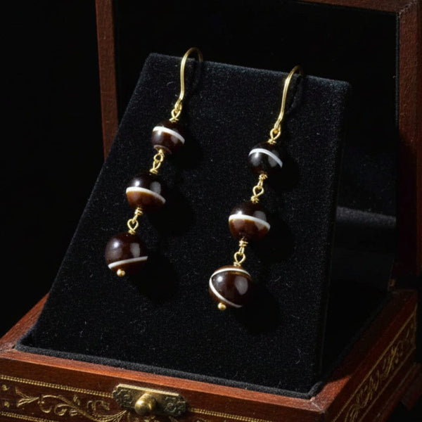 Vintage 14K Gold Banded Agate Ball Drop Earrings