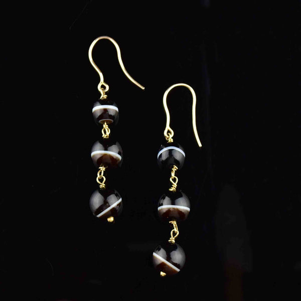 Vintage 14K Gold Banded Agate Ball Drop Earrings - Boylerpf