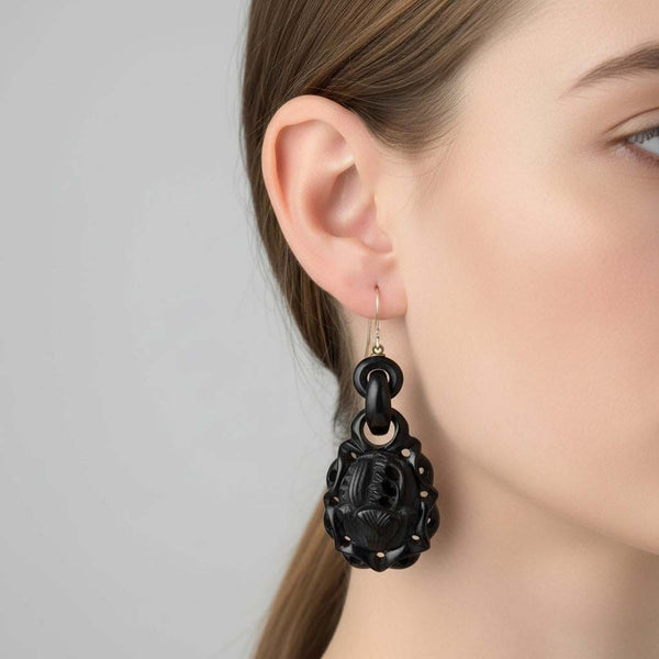 Victorian 9K Gold Carved Whitby Jet Earrings, Lily of the Valley
