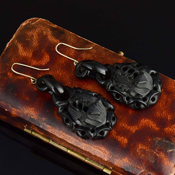 Victorian 9K Gold Carved Whitby Jet Earrings, Lily of the Valley