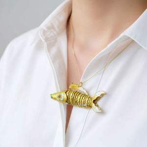Vintage Articulated Gold Vermeil Yellow Enamel Koi Fish Necklace - Boylerpf
