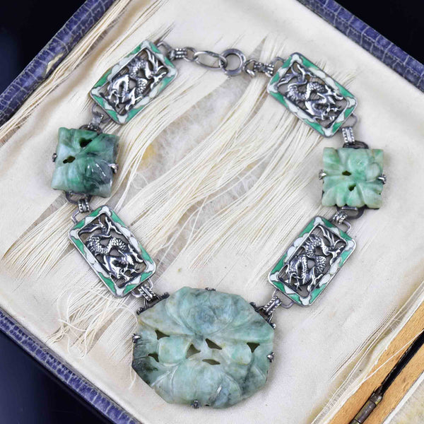 Silver Art Deco Enamel Dragon Jade Bracelet - Boylerpf