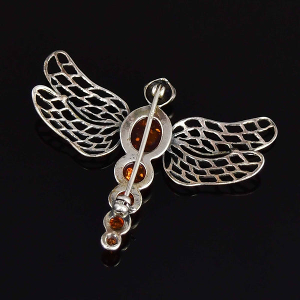 Vintage Amber Dragonfly Sterling Silver Brooch