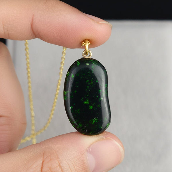 Vintage 9K Gold Green Goldstone Lucky Bean Charm Necklace
