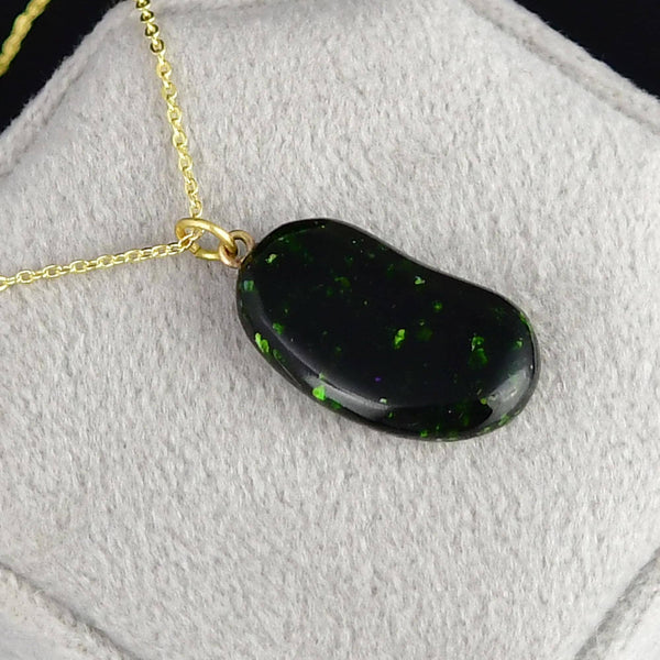 Vintage 9K Gold Green Goldstone Lucky Bean Charm Necklace