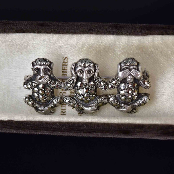 Sterling Silver Marcasite See, Hear, Speak No Evil Monkey Brooch - Boylerpf