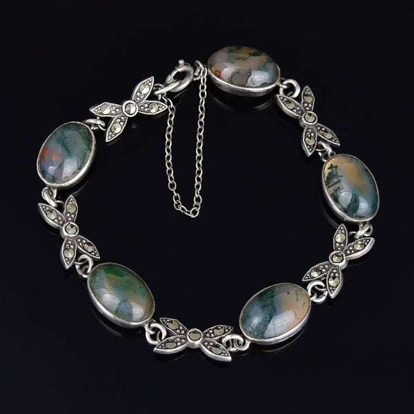 Vintage Moss Agate Marcasite Sterling Silver Bow Link Bracelet - Boylerpf