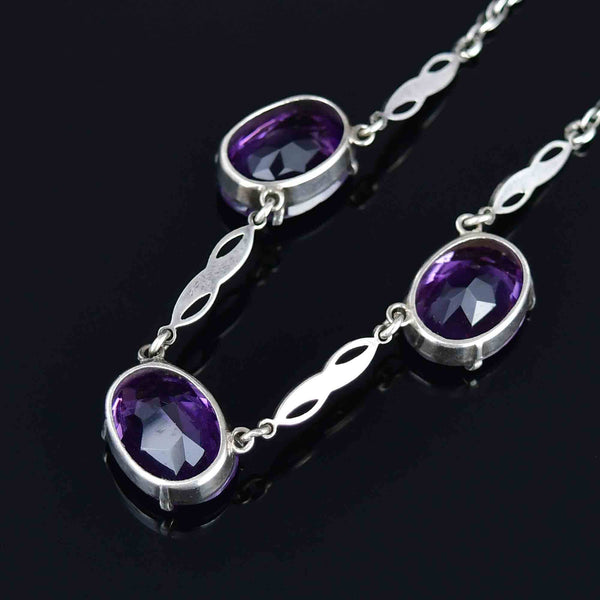 Art Deco Style Sterling Silver Amethyst Marcasite Necklace - Boylerpf
