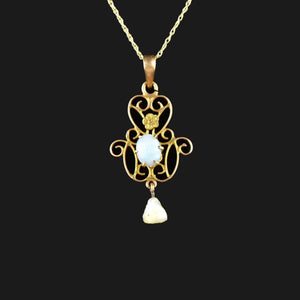 Antique 10K Gold Opal Seed Pearl Lavaliere Necklace - Boylerpf