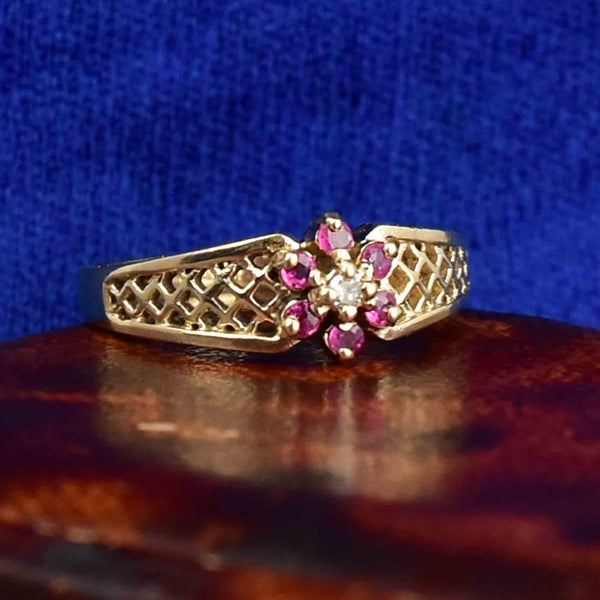 Vintage 10K Gold Basket Diamond Ruby Flower Cluster Ring - Boylerpf