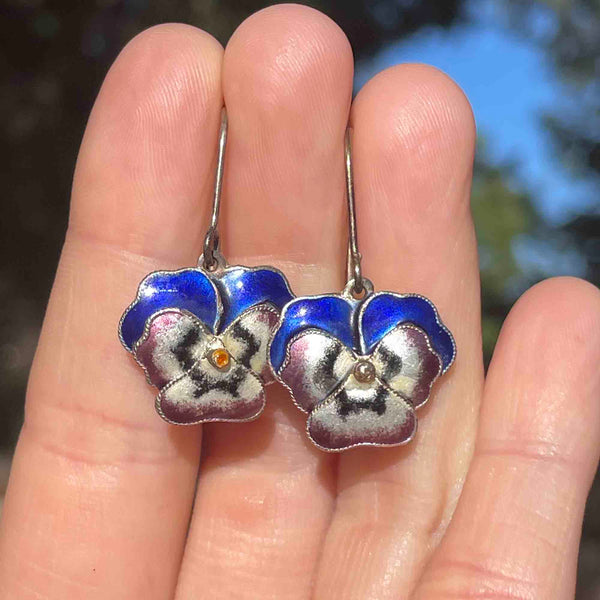 Vintage Art Nouveau Style Enamel Pansy Drop Earrings - Boylerpf