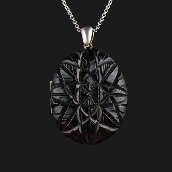 Antique Victorian Carved Whitby Jet Starburst Locket Necklace - Boylerpf