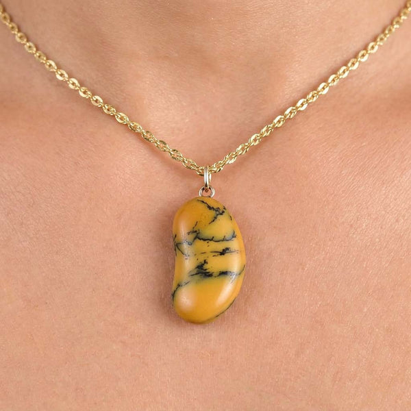 Vintage 9K Gold Dendritic Honey Opal Lucky Bean Necklace
