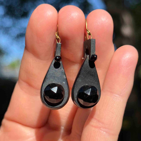 Antique Victorian Carved Whitby Jet Earrings - Boylerpf