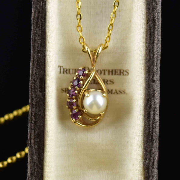 Vintage 14K Gold Amethyst Pearl Pendant Necklace - Boylerpf