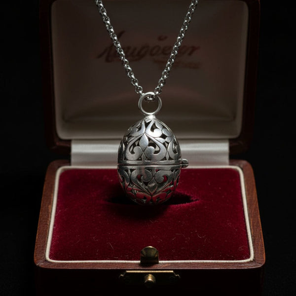 Antique Sterling Silver Egg Vinaigrette Pendant Necklace - Boylerpf