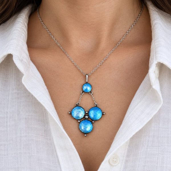 Antique Art Nouveau Sterling Silver Blue Enamel Necklace