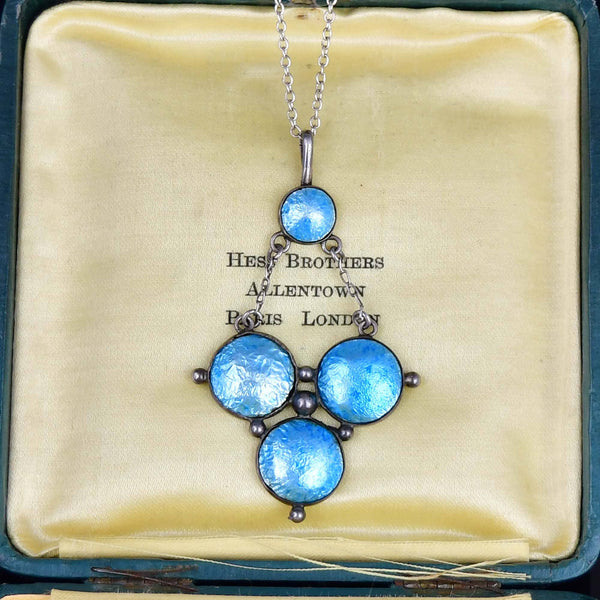 Antique Art Nouveau Sterling Silver Blue Enamel Necklace