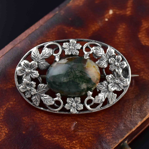 Arts and Crafts Silver Forget Me Not Scottish Moss Agate Brooch - Boylerpf