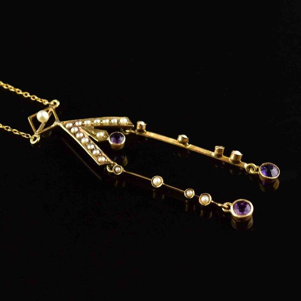 Antique Victorian 14K Gold Amethyst Seed Pearl Lavaliere Necklace - Boylerpf