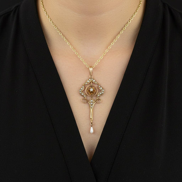 Antique 10K Gold Diamond Seed Pearl Lavalier Necklace