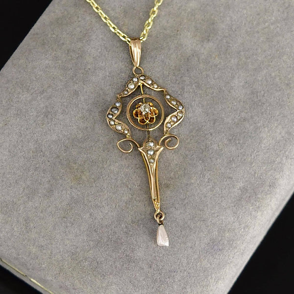 Antique 10K Gold Diamond Seed Pearl Lavalier Necklace