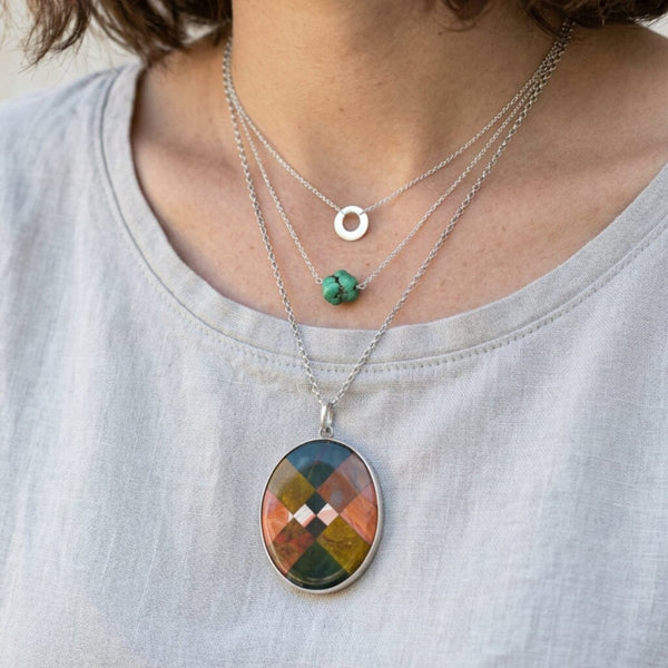 Antique Large Mosaic Scottish Agate Sterling Silver Pendant Necklace