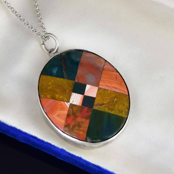 Antique Large Mosaic Scottish Agate Sterling Silver Pendant Necklace